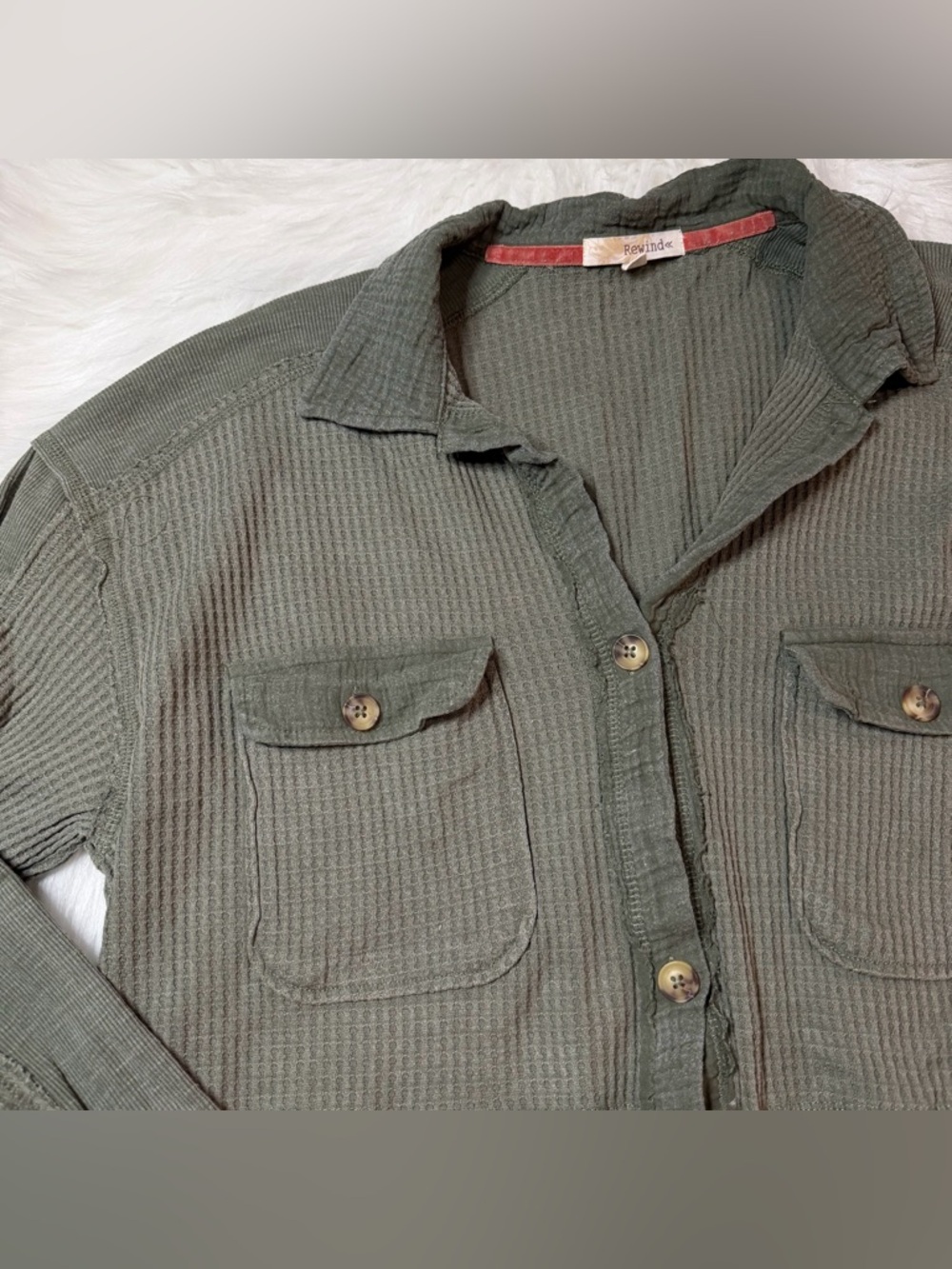 Rewind Button Front Knit Shacket Green XL - Picture 6 of 9